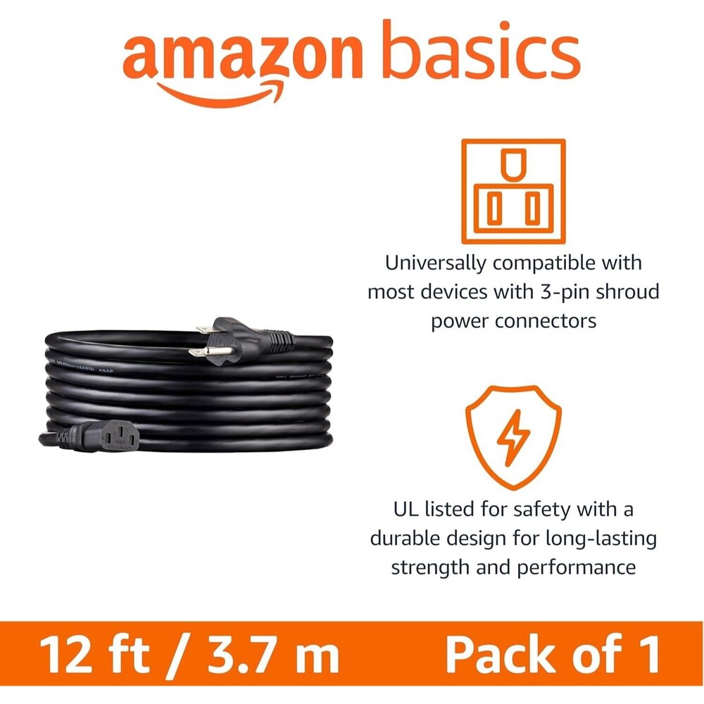 Amazon Basics Computer Power Cord 12ft Black 3 Prong PC Monitor Cable NEW Box